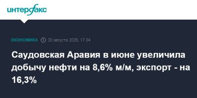 Саудовская Аравия в июне увеличила добычу нефти на 8,6% м/м, экспорт - на 16,3%